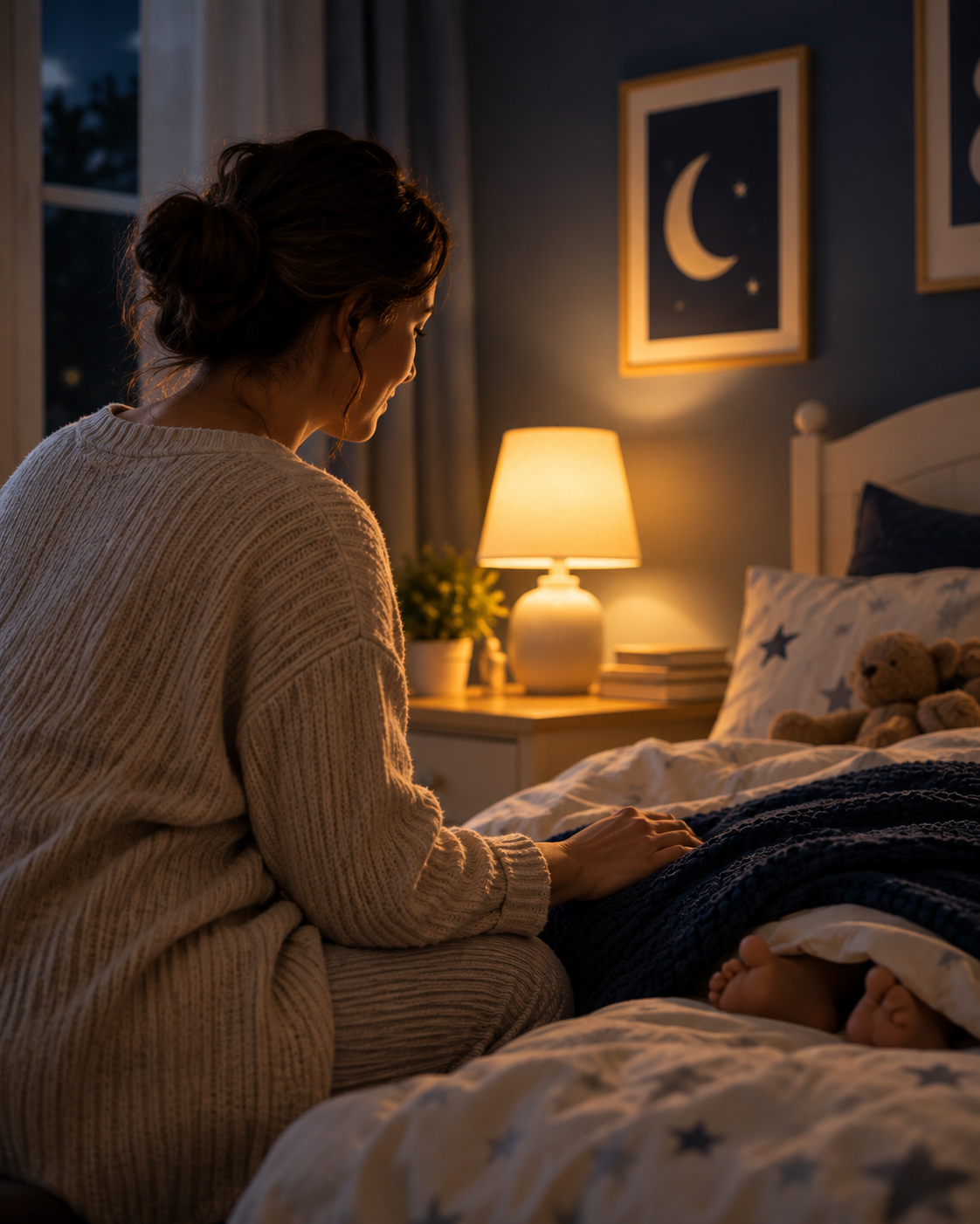 Parent sitting at child's bedside at night